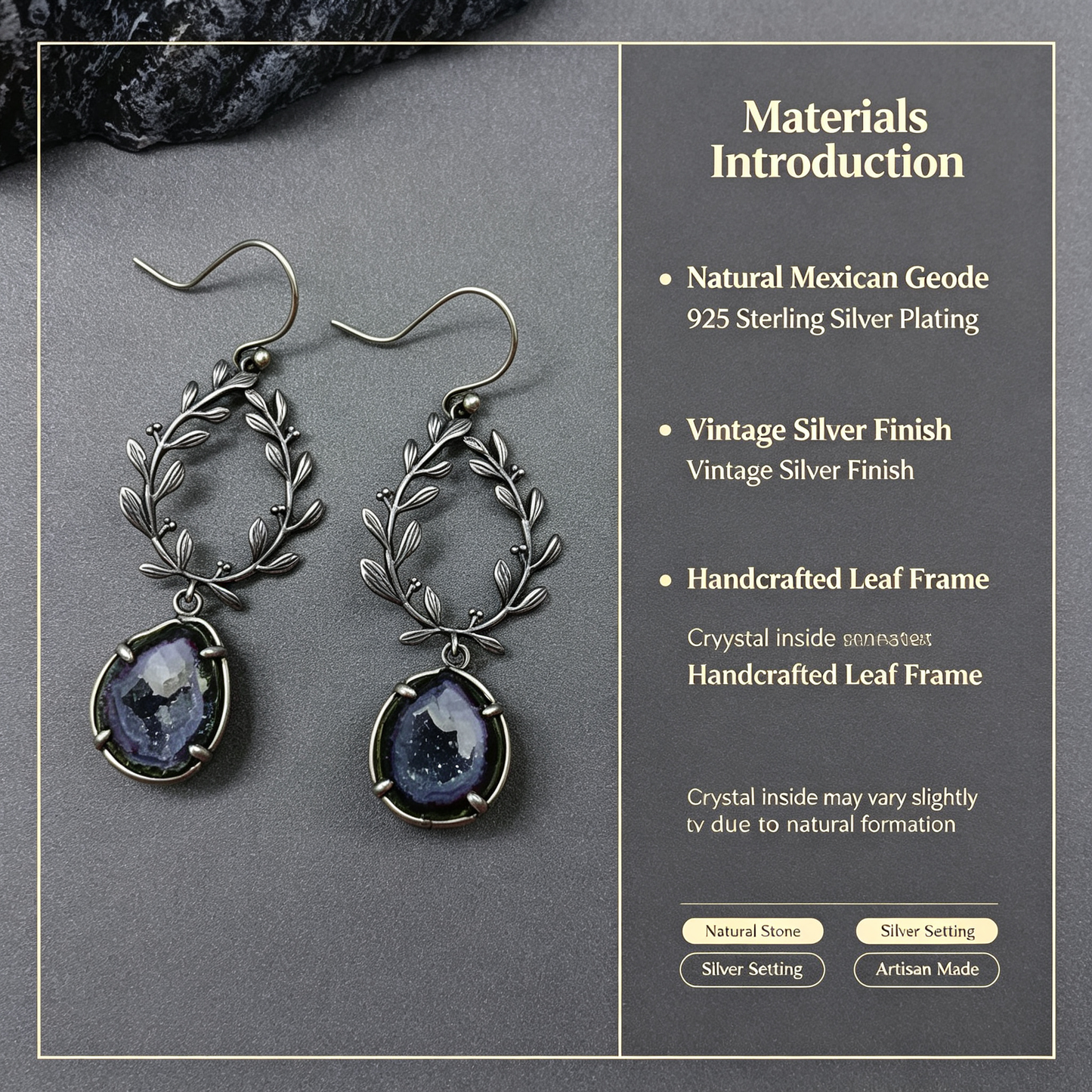 Vintage Leaf Wreath Natural Geode Drop Earrings, 925 Sterling Silver Setting, One of a Kind Crystal Jewelry