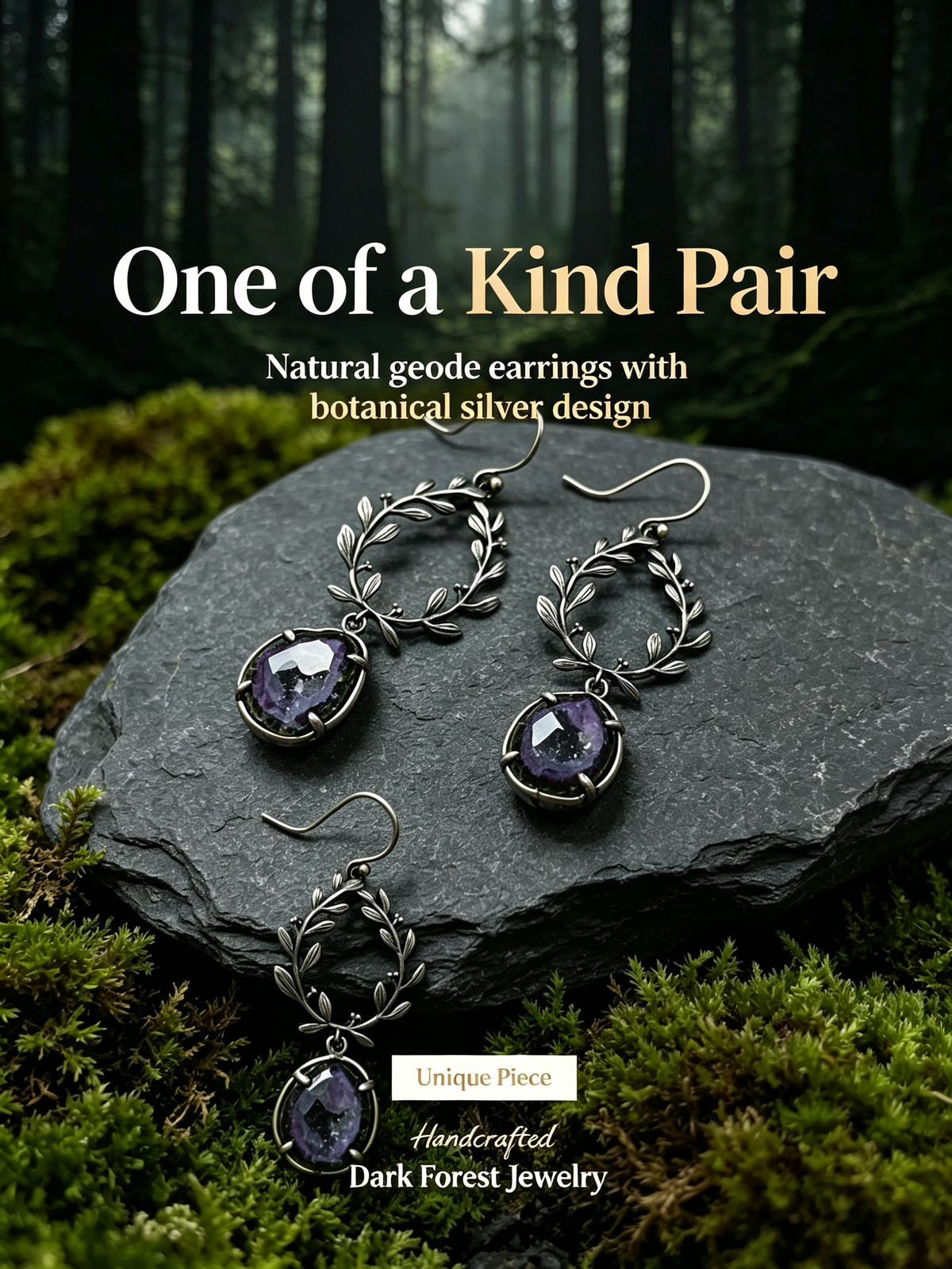 Vintage Leaf Wreath Natural Geode Drop Earrings, 925 Sterling Silver Setting, One of a Kind Crystal Jewelry