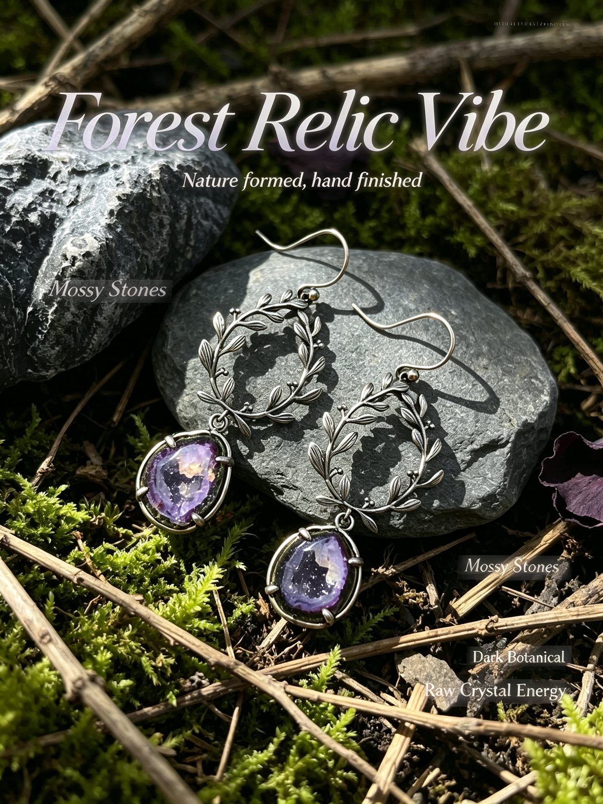 Vintage Leaf Wreath Natural Geode Drop Earrings, 925 Sterling Silver Setting, One of a Kind Crystal Jewelry
