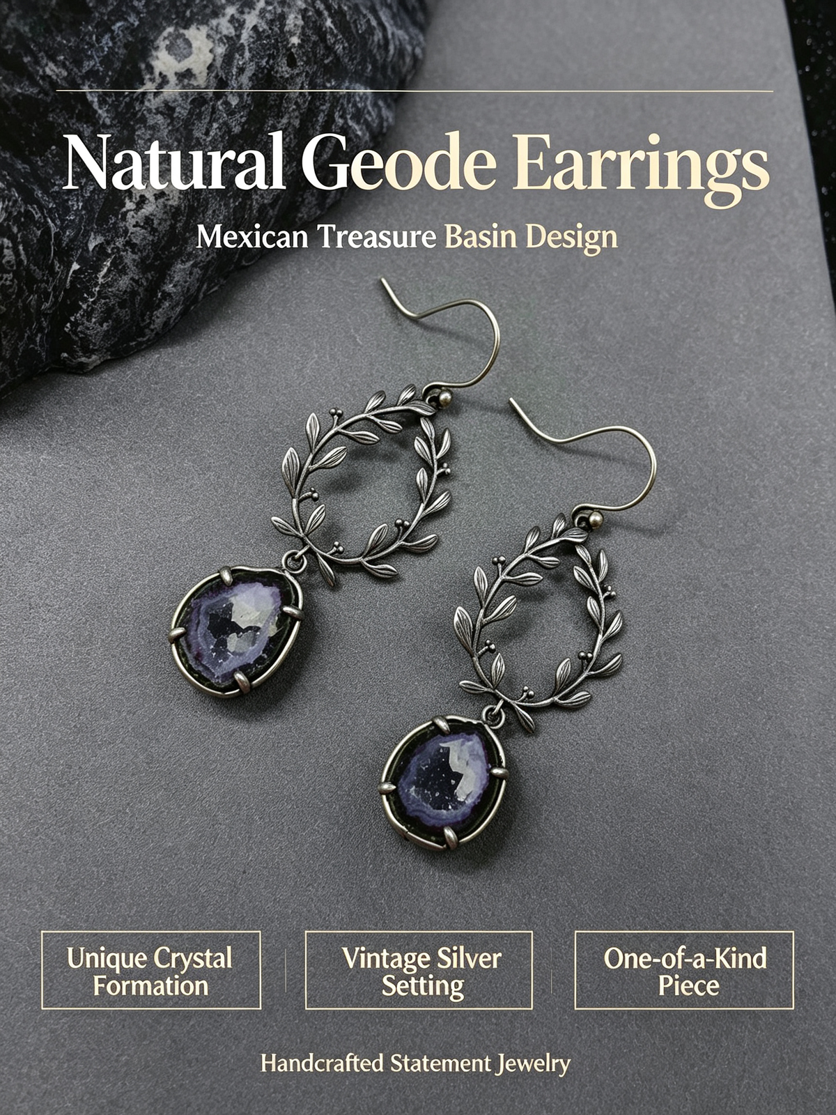 Vintage Leaf Wreath Natural Geode Drop Earrings, 925 Sterling Silver Setting, One of a Kind Crystal Jewelry