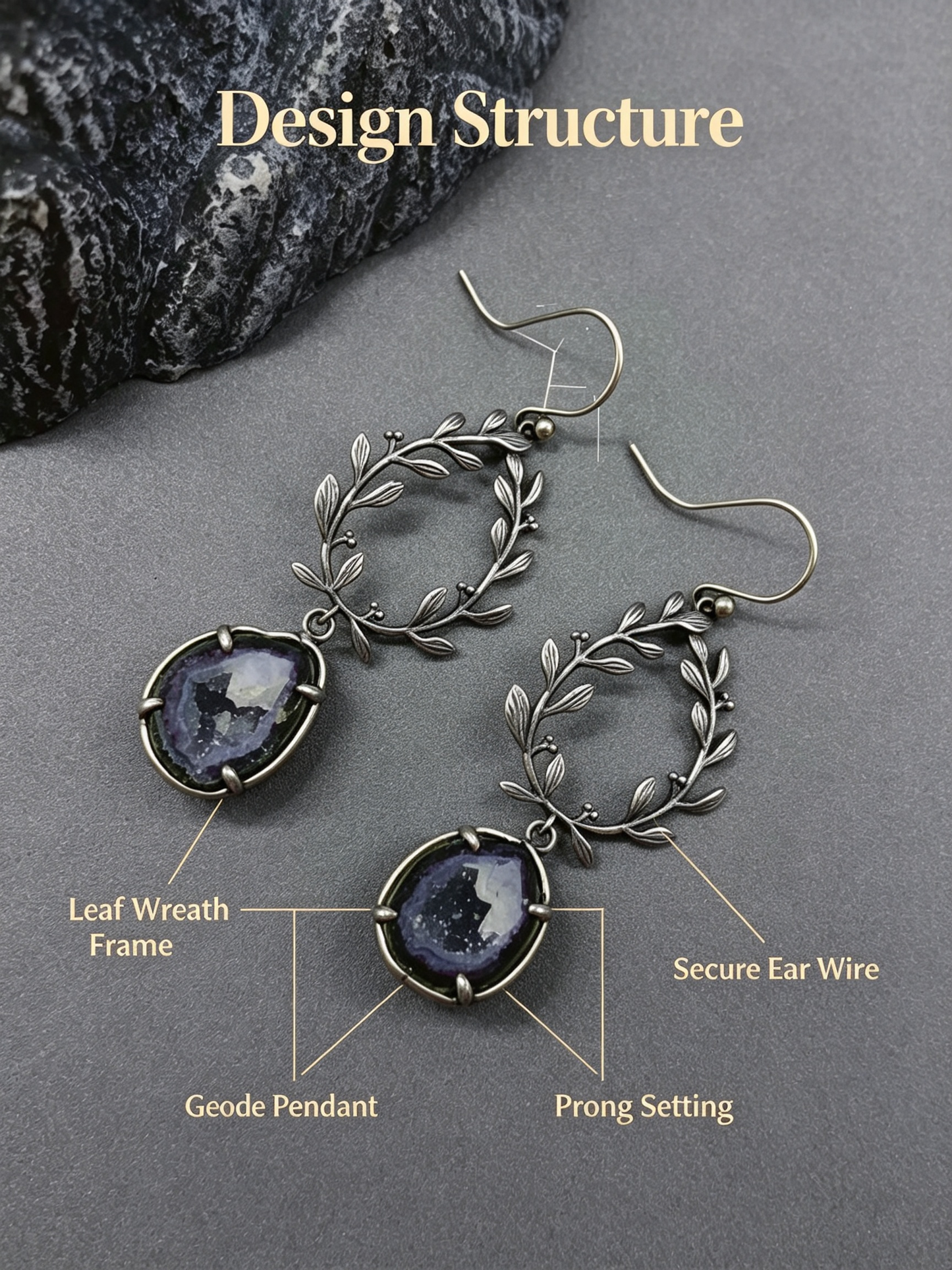 Vintage Leaf Wreath Natural Geode Drop Earrings, 925 Sterling Silver Setting, One of a Kind Crystal Jewelry