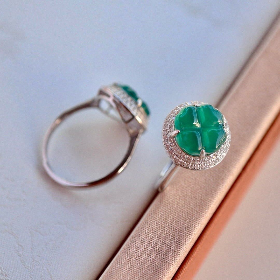 Natural Chrysoprasus Ring Big four Leaf clover shape