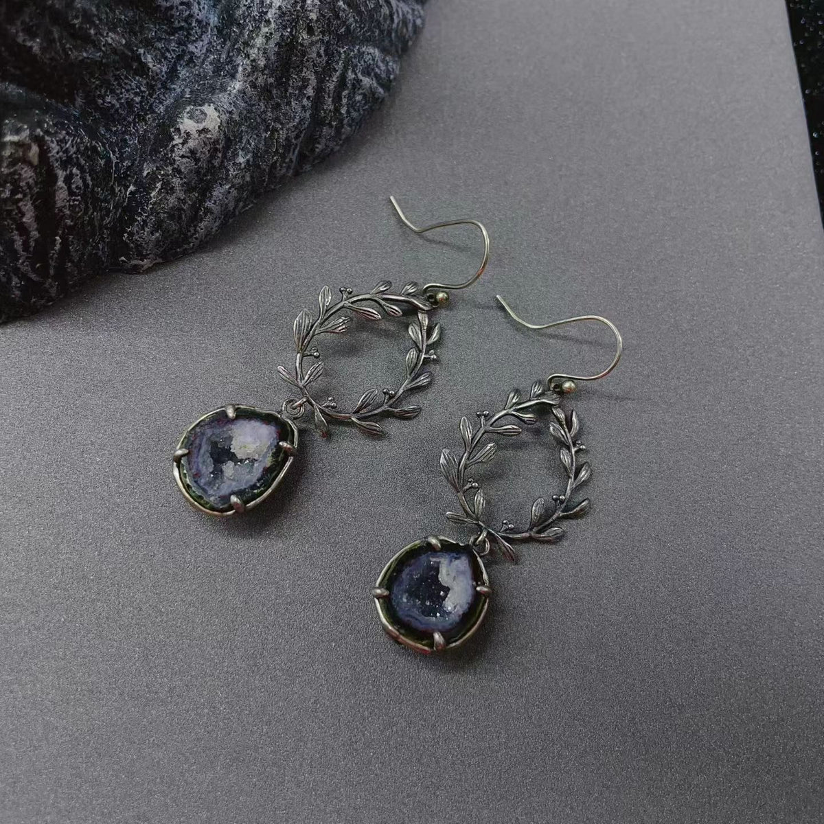 Vintage Leaf Wreath Natural Geode Drop Earrings, 925 Sterling Silver Setting, One of a Kind Crystal Jewelry