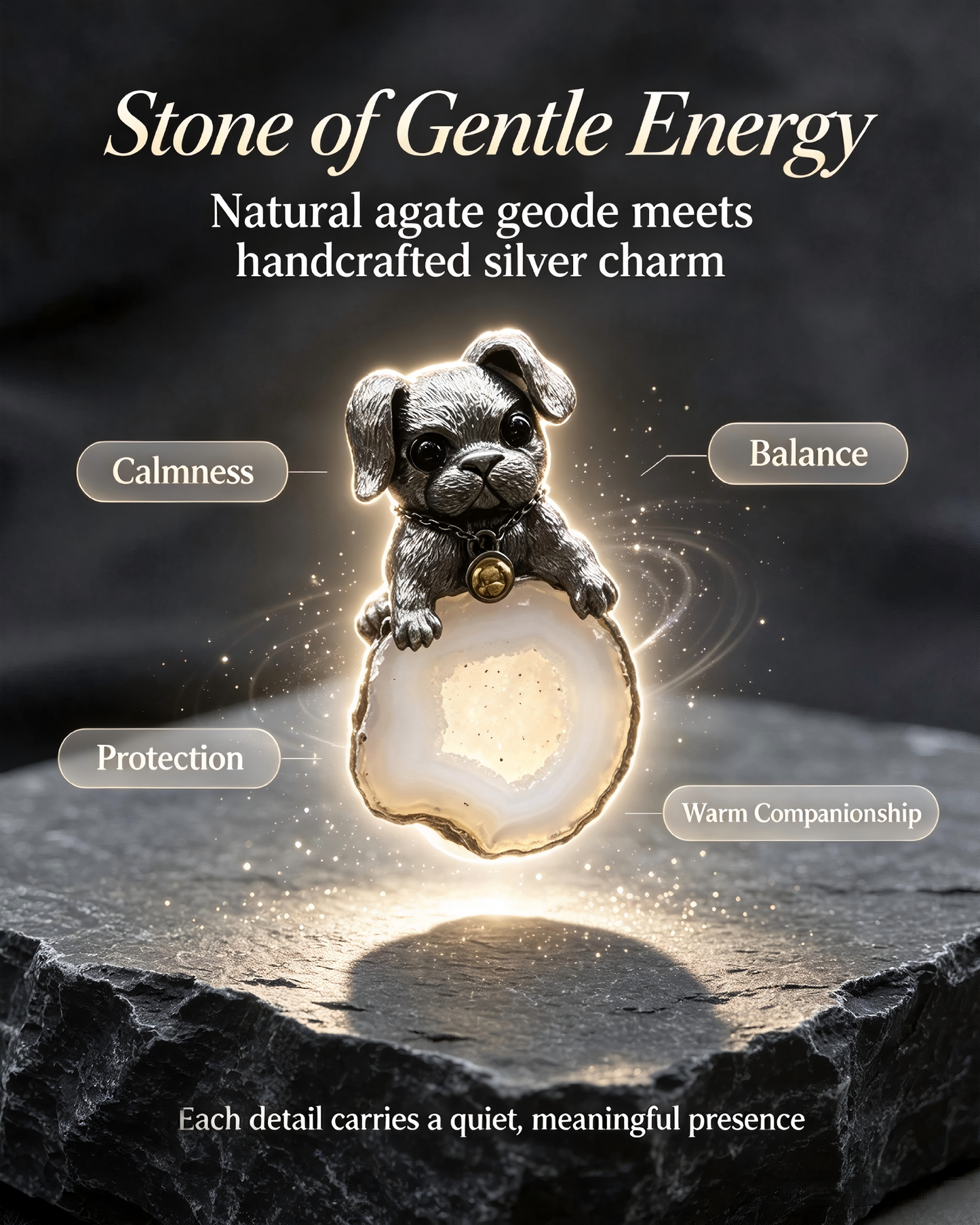 One‑of‑a‑Kind Hand‑sculpted Puppy Agate Geode Pendant | Solid Antiqued Sterling‑Silver Unisex Pendant with Tiny Gold Bell