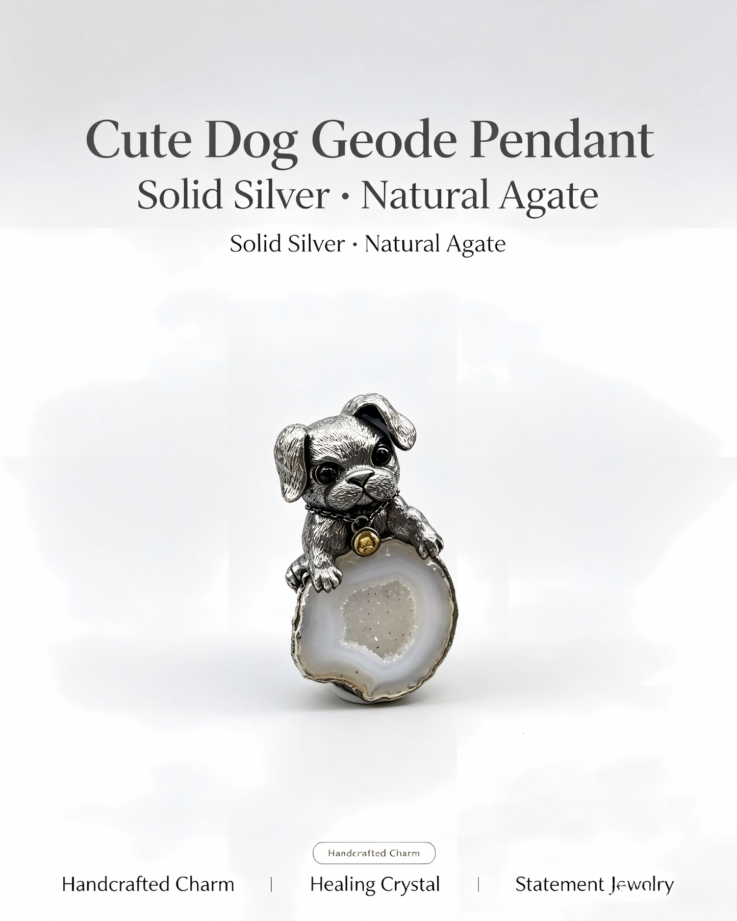One‑of‑a‑Kind Hand‑sculpted Puppy Agate Geode Pendant | Solid Antiqued Sterling‑Silver Unisex Pendant with Tiny Gold Bell