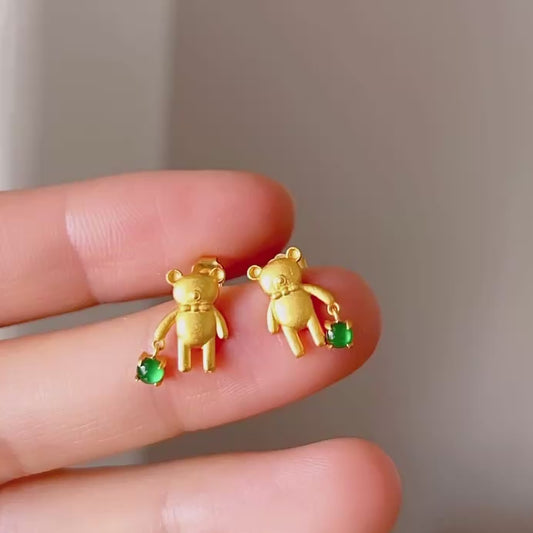 Bear Shape Natural Chrysoprase Jadeite Earring
